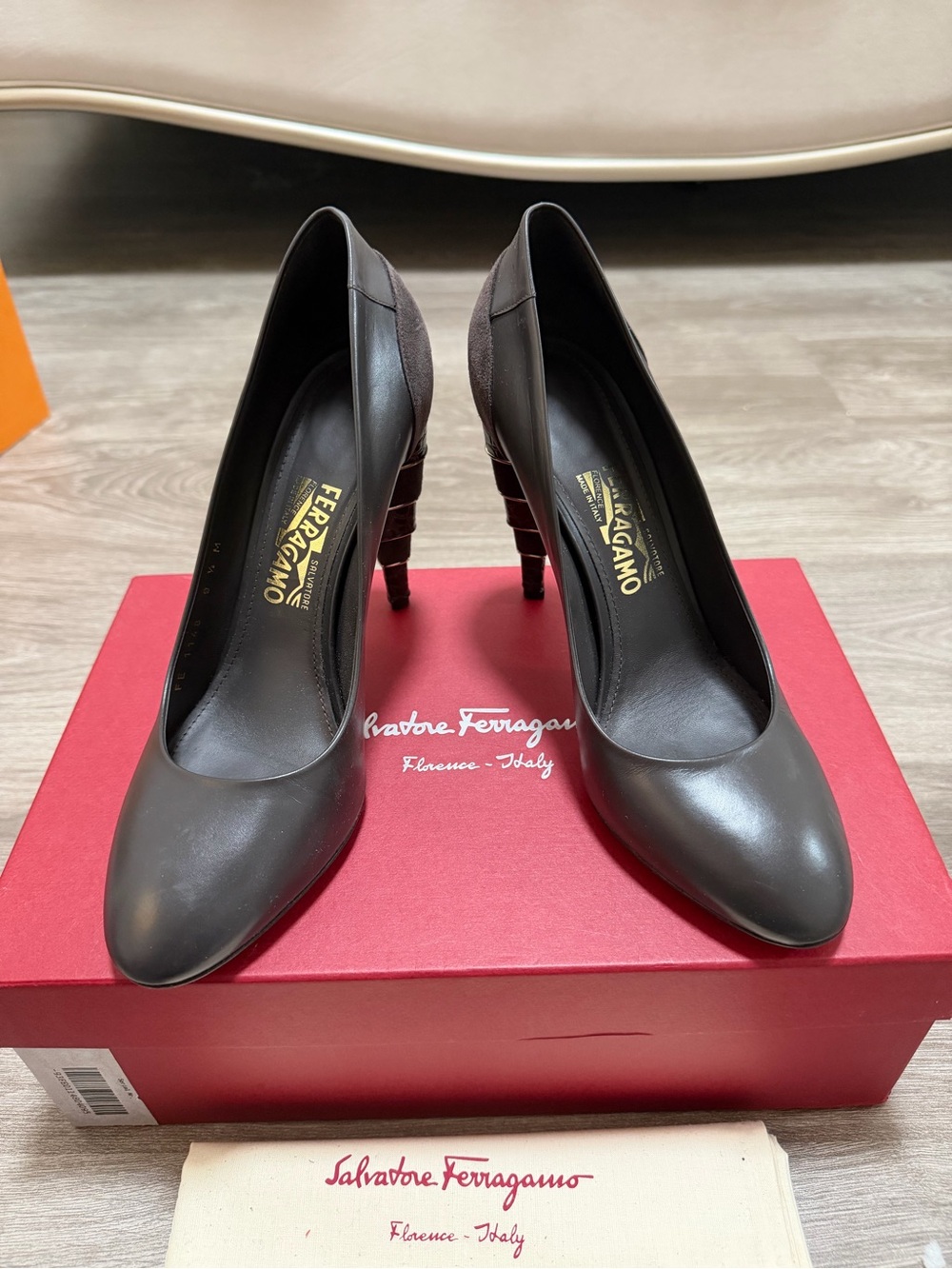 Salvatore Ferragamo Dark Brown Leather Pointed-Toe Pumps with Stacked Heel